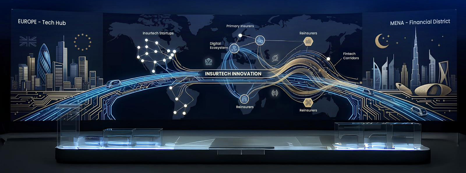 MENA–Europe insurtech corridor visualization: a luminous bridge connecting a European tech hub to a MENA financial district across a world map, with insurtech ecosystem nodes overlaid.