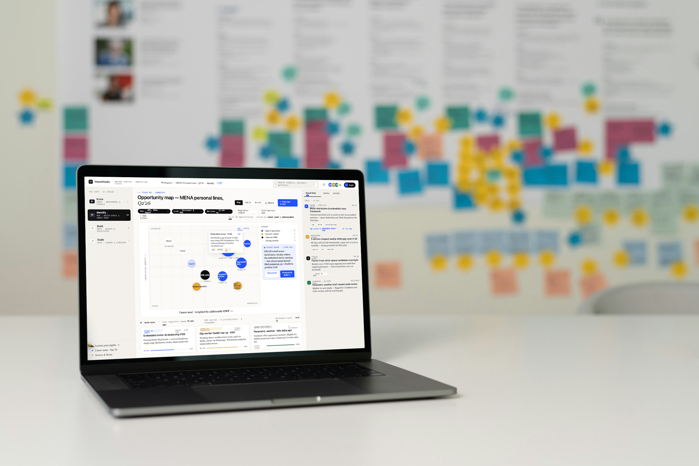 InsureStudio platform UI shown on a monitor in an editorial workspace scene — opportunity map of MENA personal lines with the embedded-motor white-space highlighted, live signal feed on the right, and a queue of concepts in draft, prototype, and scale-ready states.